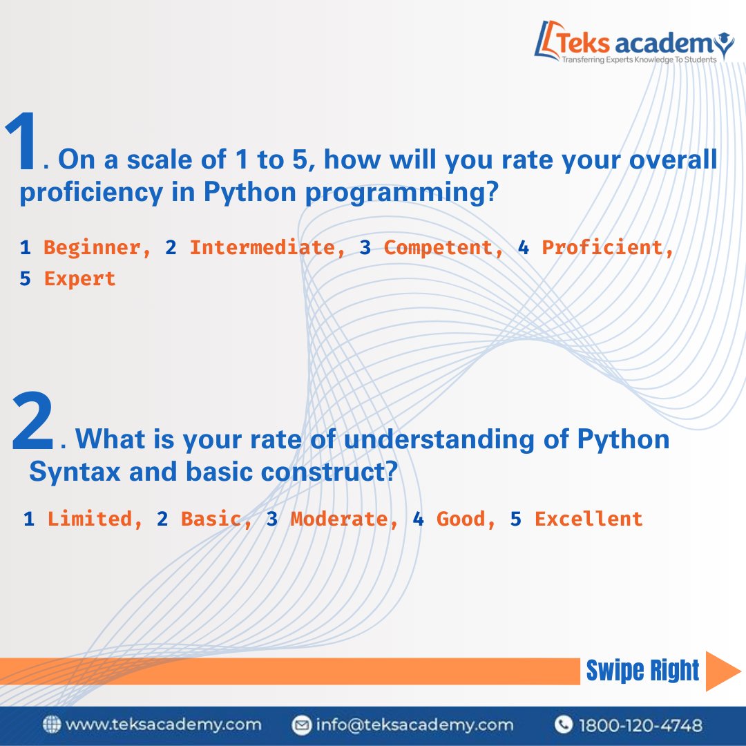 TeksAcademy's tweet image. Are you a Python learner? Have you learning Python for a long time but don't know where you stand in the knowledge of Python? Don't worry, you are at the right post.
#pythonprogrammer #teksacademy #programmer #python #programming #shubmangill #iccrankings #academy #hyderabad