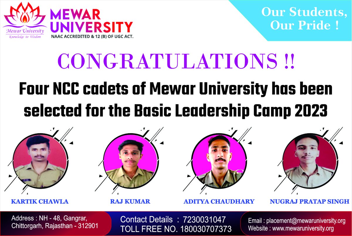 NCC cadets of Mewar University got selected for the Basic Leadership Camp 2023.🪖

#NCCCadets #MewarUniversity #Achievement #ProudMoment #YourPathToSuccess #KnowledgeToWisdom #OneManArmy #NaacAccreditedUniversity 
#TopUniversityInRajasthan