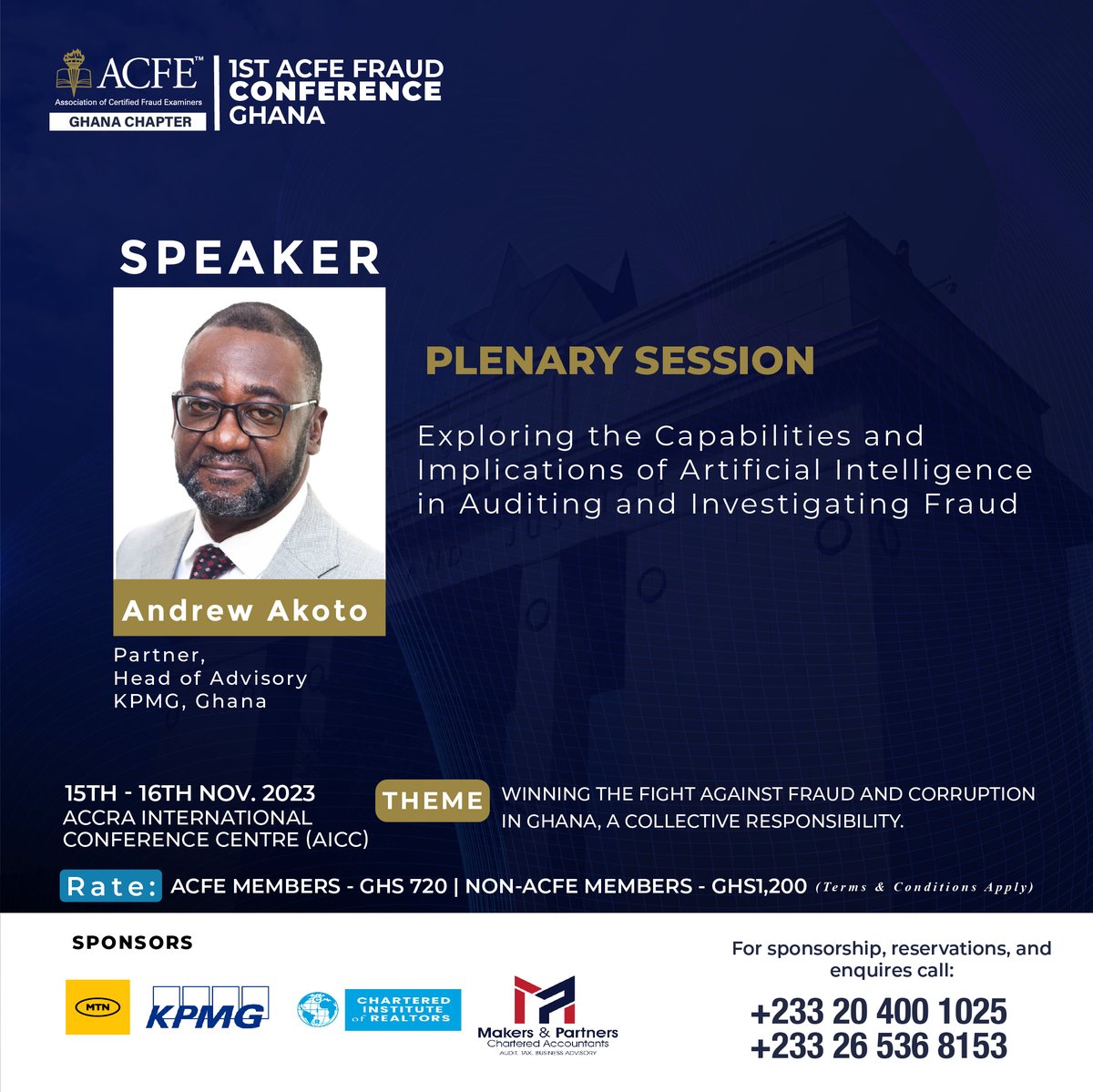 GhanaAcfe's tweet photo. Are you interested in using AI for auditing and fraud investigations?

Then book a place at ACFE Ghana Chapter's 1st ACFE Fraud Conference this November 15-16, 2023. Don't miss out.

Register now to secure your spot: https://t.co/cGgb9ZPk7T 
#UnitedIntheFight 
#FraudConference https://t.co/iJXf2XDC2D