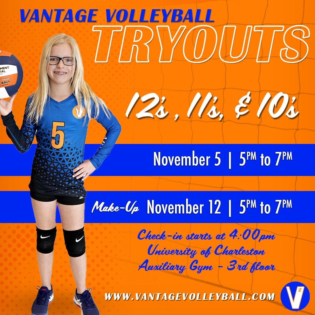 Make-up tryouts this Sunday for club teams! 
vantagevolleyball.com to register