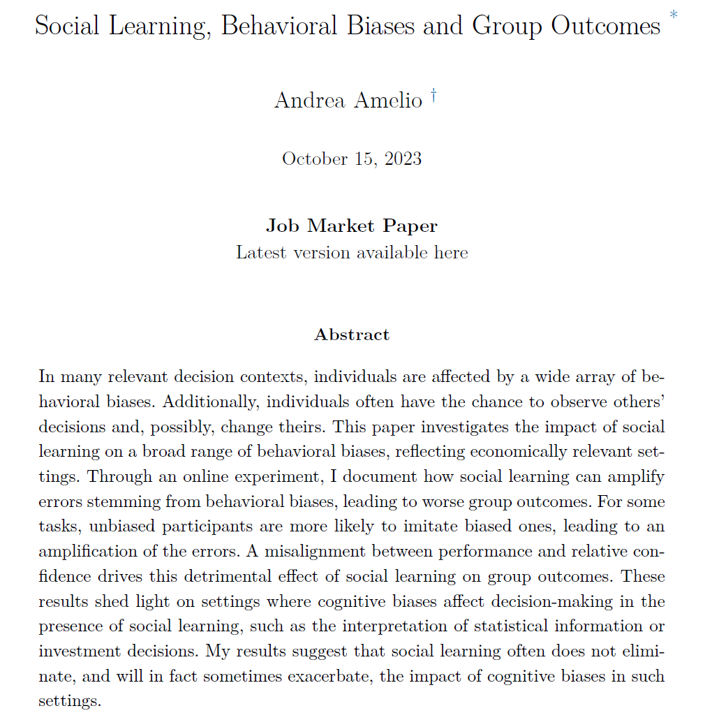 📢I am thrilled to share my #JMP in Behavioral Economics! 🔎

In my #JMP, I show that social learning often does not eliminate, and may, in fact, exacerbate errors stemming from behavioral biases.

🔗andreaamelio.com/files/jmp_amel…

Read 👇 for a🧵

#EconTwitter #EconJobMarket