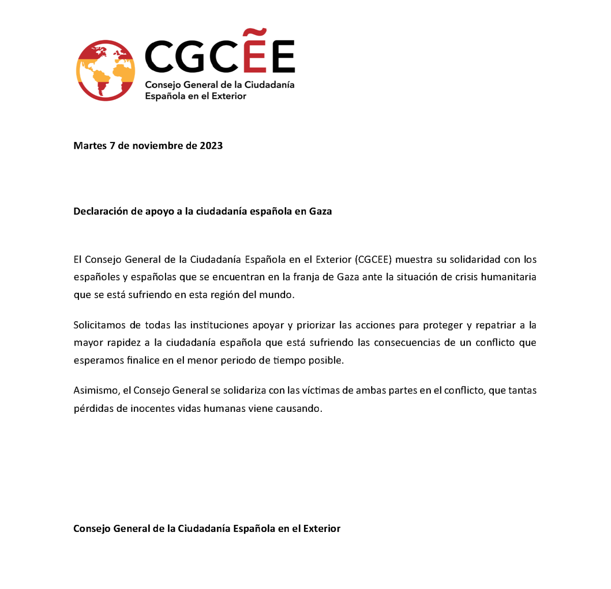 CGCEE_VIII's tweet photo. 🗣️Desde el CGCEE queremos mostrar nuestro apoyo a la ciudadanía española en Gaza

"Solicitamos de todas las instituciones apoyar y priorizar las acciones para proteger y repatriar a la mayor rapidez a la ciudadanía española que está sufriendo las consecuencias de este conflicto" https://t.co/LnGDAaEcXJ