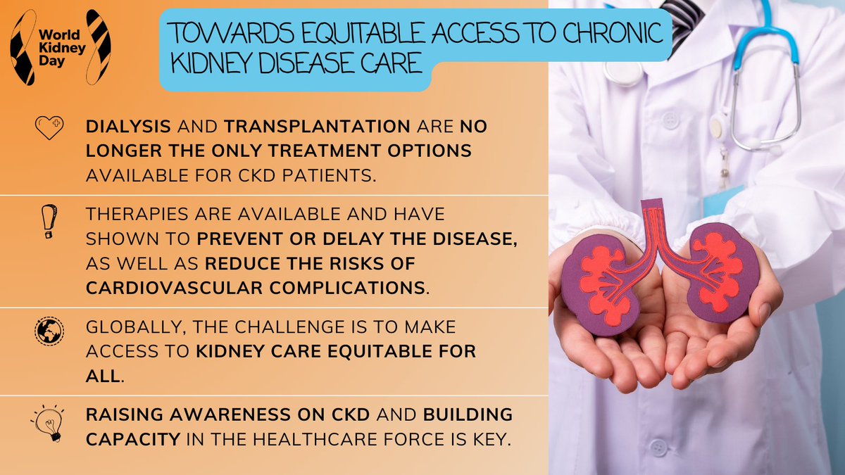 Recent therapeutic breakthroughs offer the opportunity to prevent or delay #CKD and its complications. 

Barriers need to be finally overcome to achieve #KidneyHealthForAll. 

Read more on #WorldKidneyDay 2024 theme 👉🏽 worldkidneyday.org/2024-campaign/…
