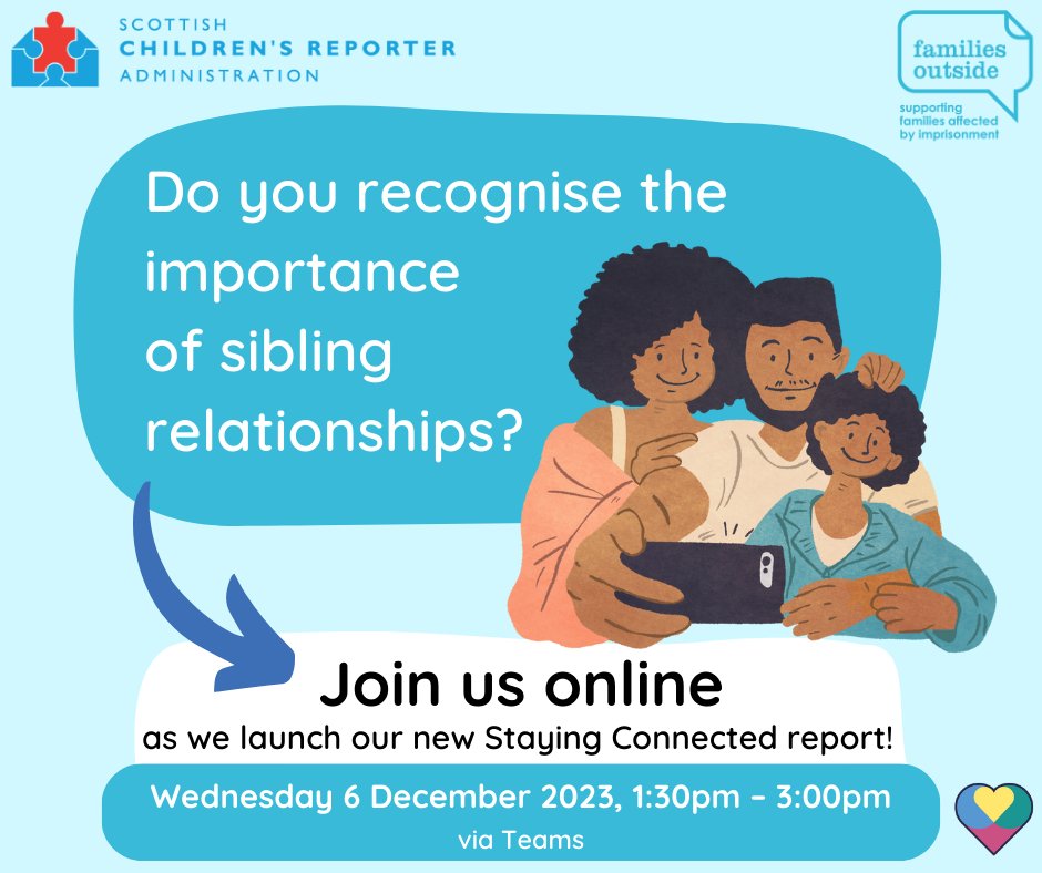 ❗ Join us on 6 December at 1:30pm as we launch our #StayingConnected report - in collaboration with @ChildReporter &amp; funded by <a href="/ThePromiseScot/">The Promise Scotland</a> - which explores the impact on care-experienced siblings separated by prison or secure care.

👇 Sign up here 👇
ow.ly/NCof50Q53ym