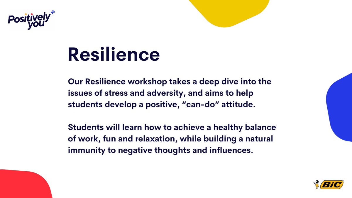 One of our most powerful and inspirational workshops, Resilience tackles the tricky issue of stress head-on. Full of thought-provoking discussions and group activities, students will leave this workshop with a clearer idea of how to identify and manage stress and adversity.