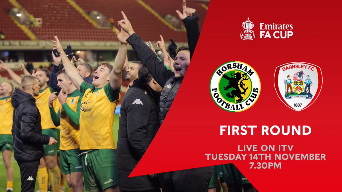 HorshamFC's tweet image. WE ARE LIVE! 📺

Our #EmiratesFACup 1st round replay against @BarnsleyFC will be shown live on ITV4 &amp;amp; ITVX next Tuesday, 7.30pm! 

More info 👉 horshamfc.co.uk/2023/11/08/bar…

#HorshamFC 💛💚