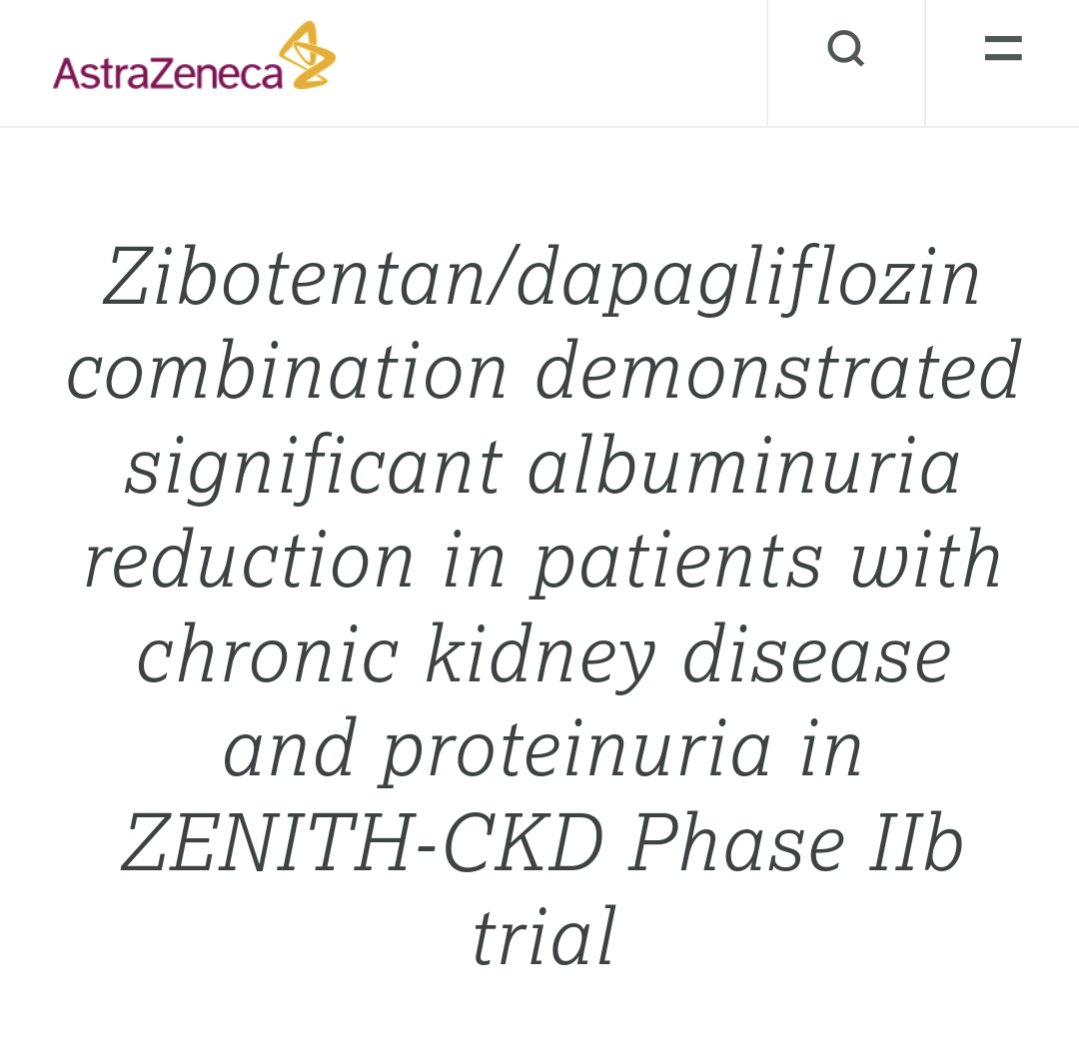 アストラゼネカ社は、慢性腎臓病(CKD)および蛋白尿を持つ患者において、ETA受容体拮抗薬ジボテンタンとSGLT2iダパグリフロジンの併用が、アルブミン尿の有意な減少を示したと発表👏

ベースラインと比較した尿中アルブミン・クレアチニン比（UACR）
✅高用量52.5％↓
✅低用量47.7％↓