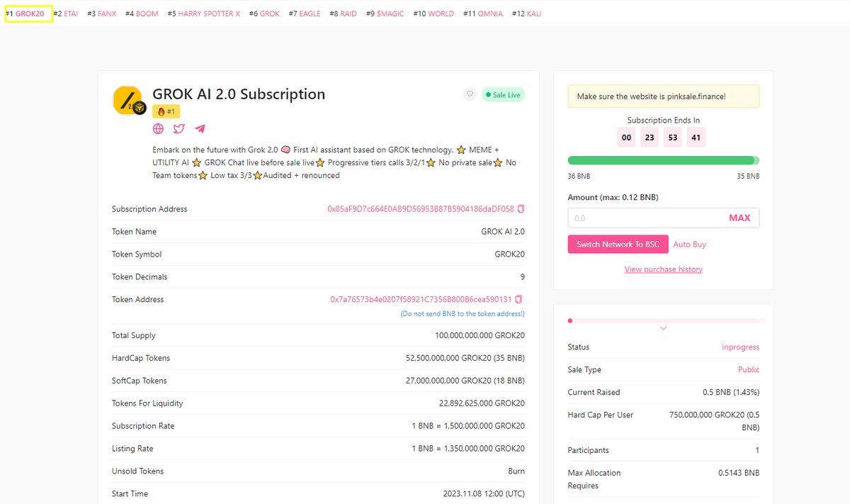 Grok20bsc's tweet photo. Our presale has just started, and we are already trending #1 on @pinkecosystem !

Join the AI revolution; our chatbot will go live at 2 PM UTC. https://t.co/w0wpQUgy00