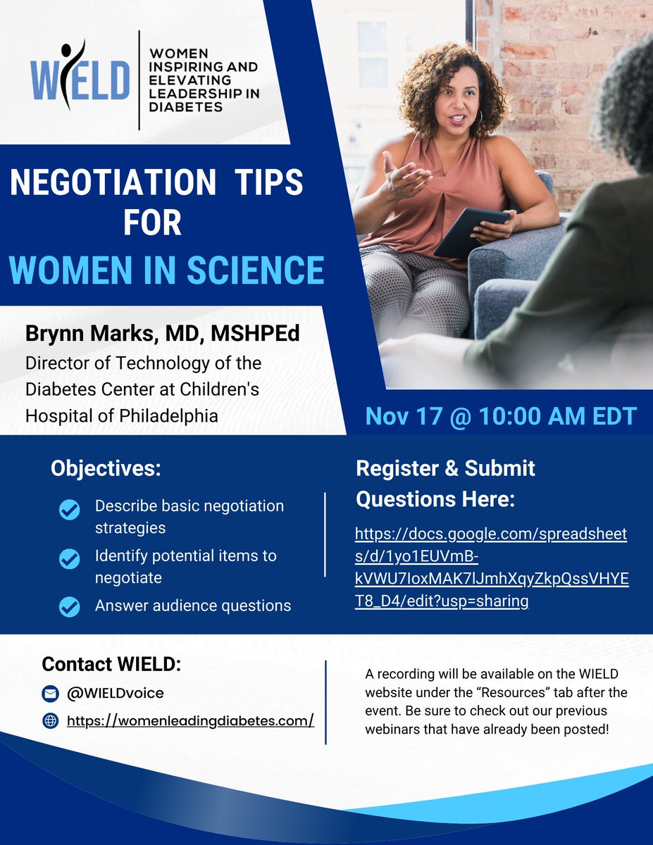 Paige Trojanowski (@paige_troj) on Twitter photo Join <a href="/WIELDvoice/">Women Inspiring & Elevating Leadership in Diabetes</a> for what's sure to be an excellent talk about Negotiation by @BrynnMarks_MD on Nov 17 10am ET. Click here to sign up: docs.google.com/spreadsheets/d… Can't wait to see you there! #diabetes #womeninscience Join <a href="/WIELDvoice/">Women Inspiring & Elevating Leadership in Diabetes</a> for what's sure to be an excellent talk about Negotiation by @BrynnMarks_MD on Nov 17 10am ET. Click here to sign up: docs.google.com/spreadsheets/d… Can't wait to see you there! #diabetes #womeninscience