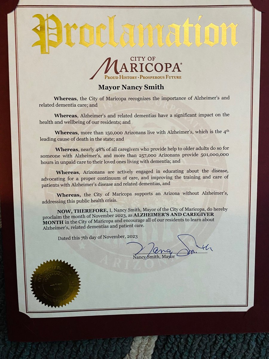 I was so very proud to accept the proclamation for National Alzheimer's Awareness and Family Caregiver Month for @CityofMaricopa ! Thank you to all who stood with me including Senator @TJShope ! #ENDALZ @alzdsw @Alz