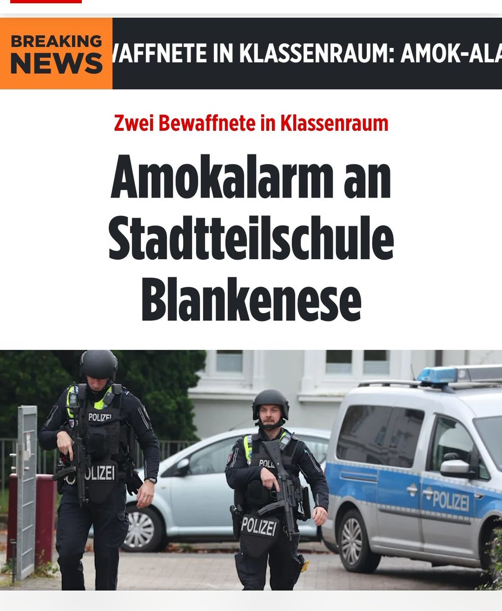 In Hamburg Blankenese soll eine Lehrerin von zwei Schülern mit einer Pistole bedroht worden sein. Die Kinder der Schule sind evakuiert. Unter Innenministerin Faeser scheint die Sicherheitslage im Land aus den Fugen zu geraten. Dunkle Tage. #Blankenese
