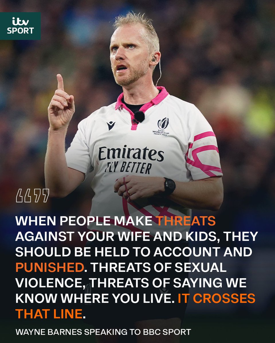 ITVRugby's tweet photo. Wayne Barnes has spoken out against the abhorrent online abuse he and his family received following the Rugby World Cup final. 

Barnes has also called for social media sites and governing bodies to take action against trolls online. https://t.co/IigKa1AGGq