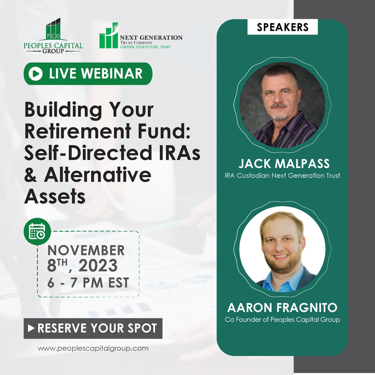 Reserve Your Spot: us06web.zoom.us/webinar/regist…

Join our insightful webinar on November 8th, 2023, 6-7 PM EST.

Learn about tax strategies for retirement investment planning and open doors to networking opportunities.

#investmentwebinar #alternativeinvestment  #peoplescapitalgroup