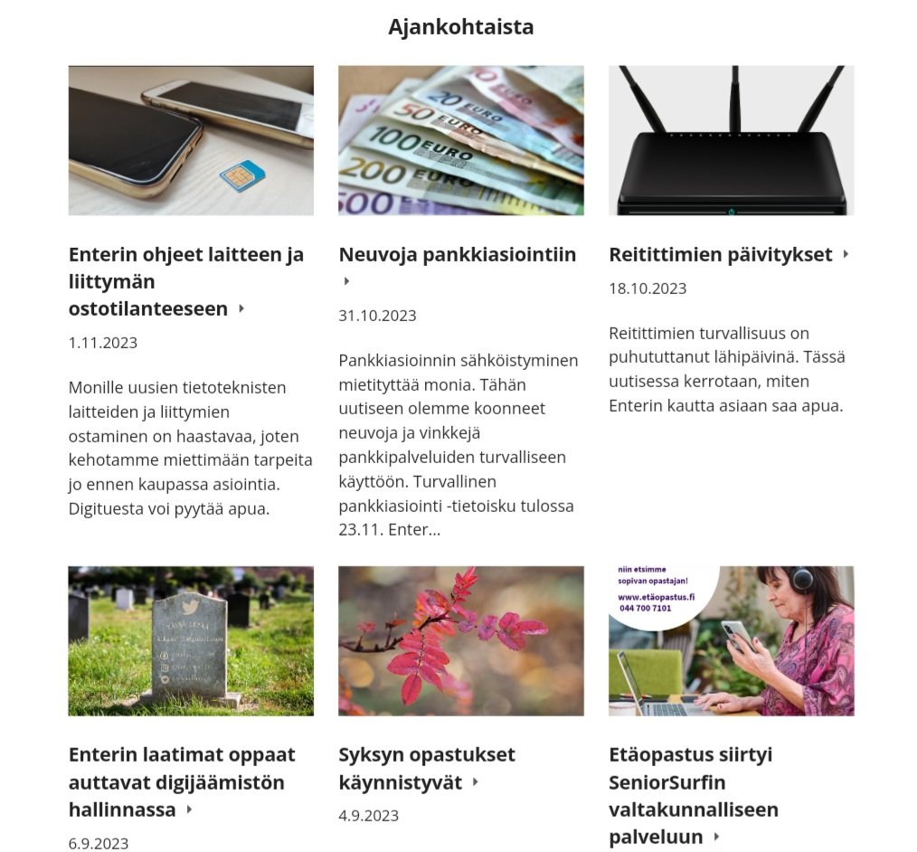 entersenior's tweet photo. 🔔 Mainostauko! Aiheita Enterin ajankohtaisissa: 

🔶️ Enterin ohjeet laitteen ja liittymän ostotilanteeseen
🔶️ Neuvoja pankkiasiointiin
🔶️ Reitittimien päivitykset sekä
🔶️ Enterin laatimat oppaat auttavat digijäämistön hallinnassa

👉 Lue täältä: https://t.co/L6sutYBzx8 https://t.co/YhYN03NF8H