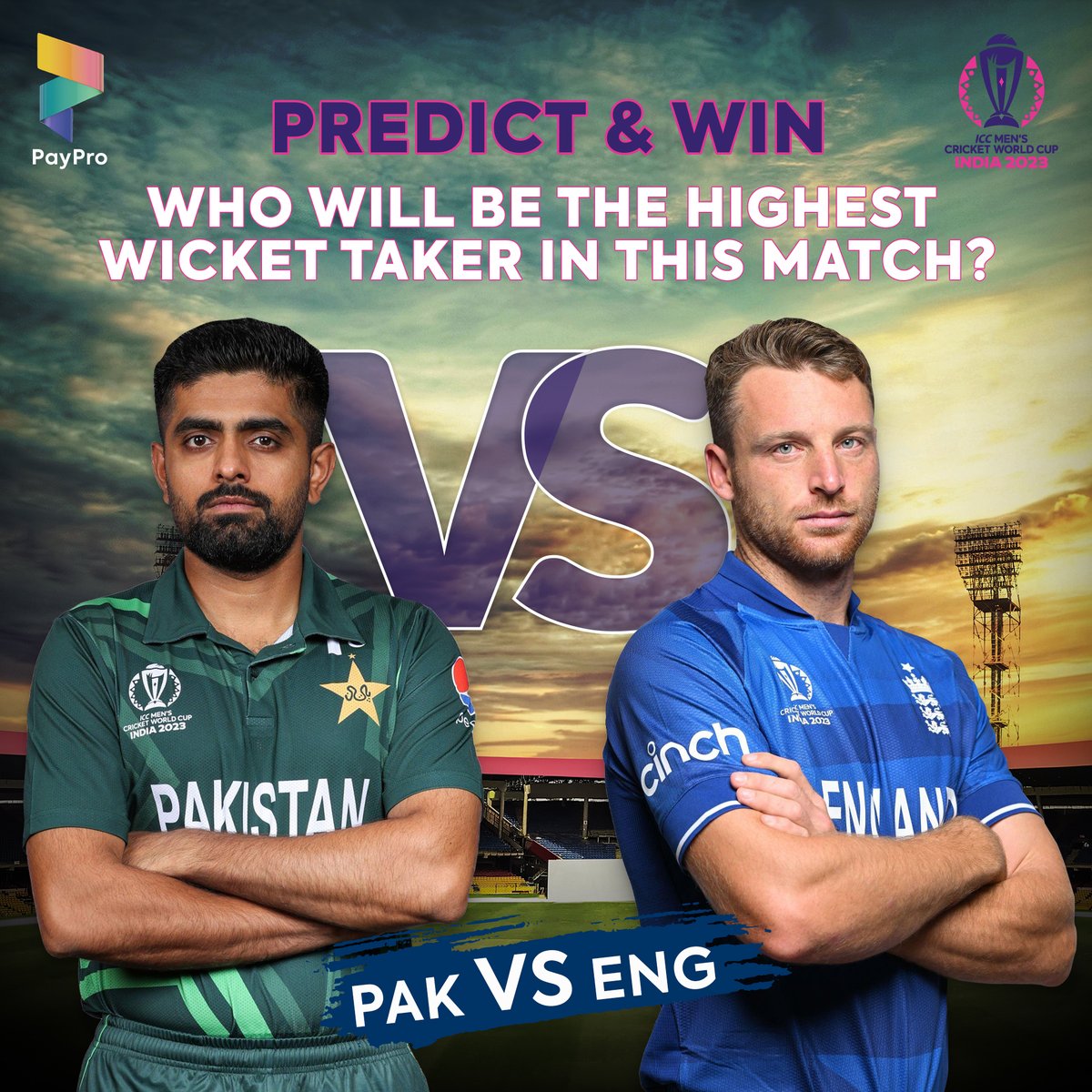 🏏 Predict &amp; Win! Who'll take the most wickets in the PAK vs. ENG match? Share your prediction below to win a PCB-approved Pakistan T-shirt personalized with your name!

To enter:
Comment your prediction
Tag 5 friends
Share this post

T&amp;C apply. 

#ICCMenWorldCup2023 #PAKvsENG