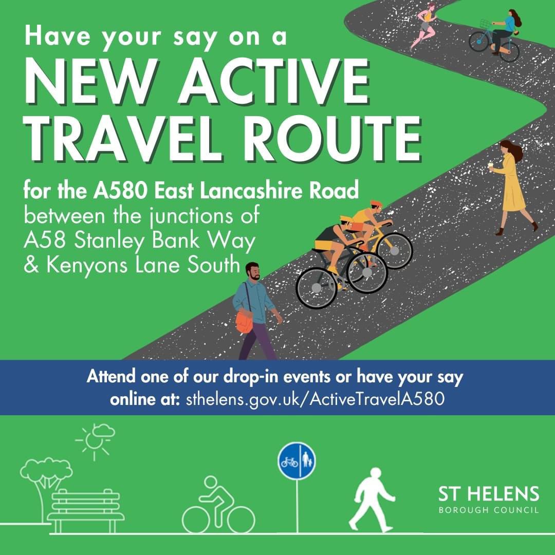 Have your say on a new #activetravel route for the A580 East Lancashire Road between the junctions of the A58 Stanley Bank Way & Kenyons Lane South. The proposed route will help link residential areas with key employment sites. Find out more at sthelens.gov.uk/ActiveTravelA5… #StHelens