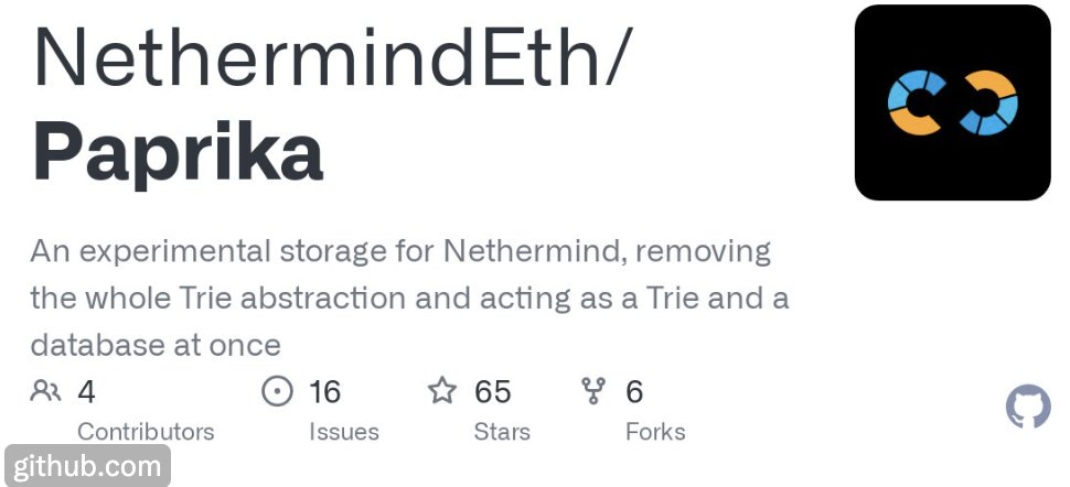 Nethermind's tweet photo. In part 1, we showed how Paprika uses 'ReadOnlySpanOwner' to manage the lifecycle of a 'Span' and how 'NibblePath' helps us in traversing the Merkle Patricia Tree in an efficient way.

Let’s dive into three more components related to performance 👇🧵 
🛠 PooledSpanDicitionary 
🛠 Parallelism of computation 
🛠 Efficient serialization

Part 1🔗https://t.co/fVmGVay7N5

The project is a proud recipient of an @EF_ESP grant!
🔗https://t.co/ys4MtD1QMw