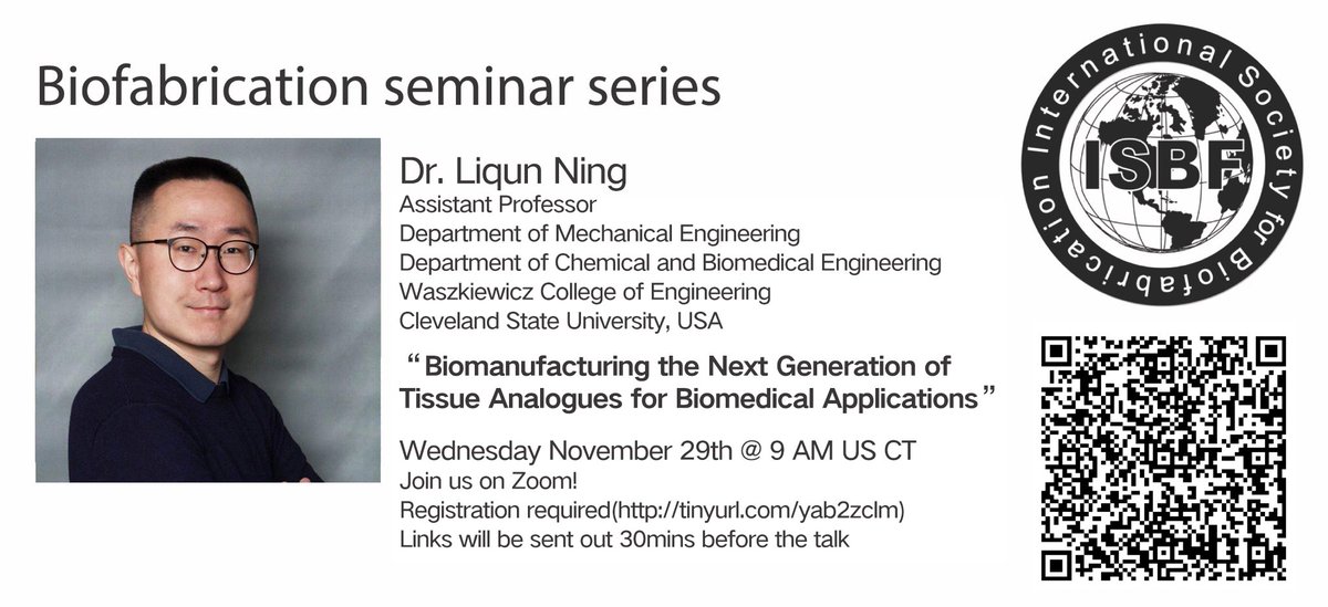 Intl Soc Biofab (@isbiofab) on Twitter photo Our <a href="/ISBioFab/">Intl Soc Biofab</a> seminar series is back! We have Dr Liqun Ning who is our recent ECR awardee presenting on his work on the 29th of November - see below for registration link Our <a href="/ISBioFab/">Intl Soc Biofab</a> seminar series is back! We have Dr Liqun Ning who is our recent ECR awardee presenting on his work on the 29th of November - see below for registration link
