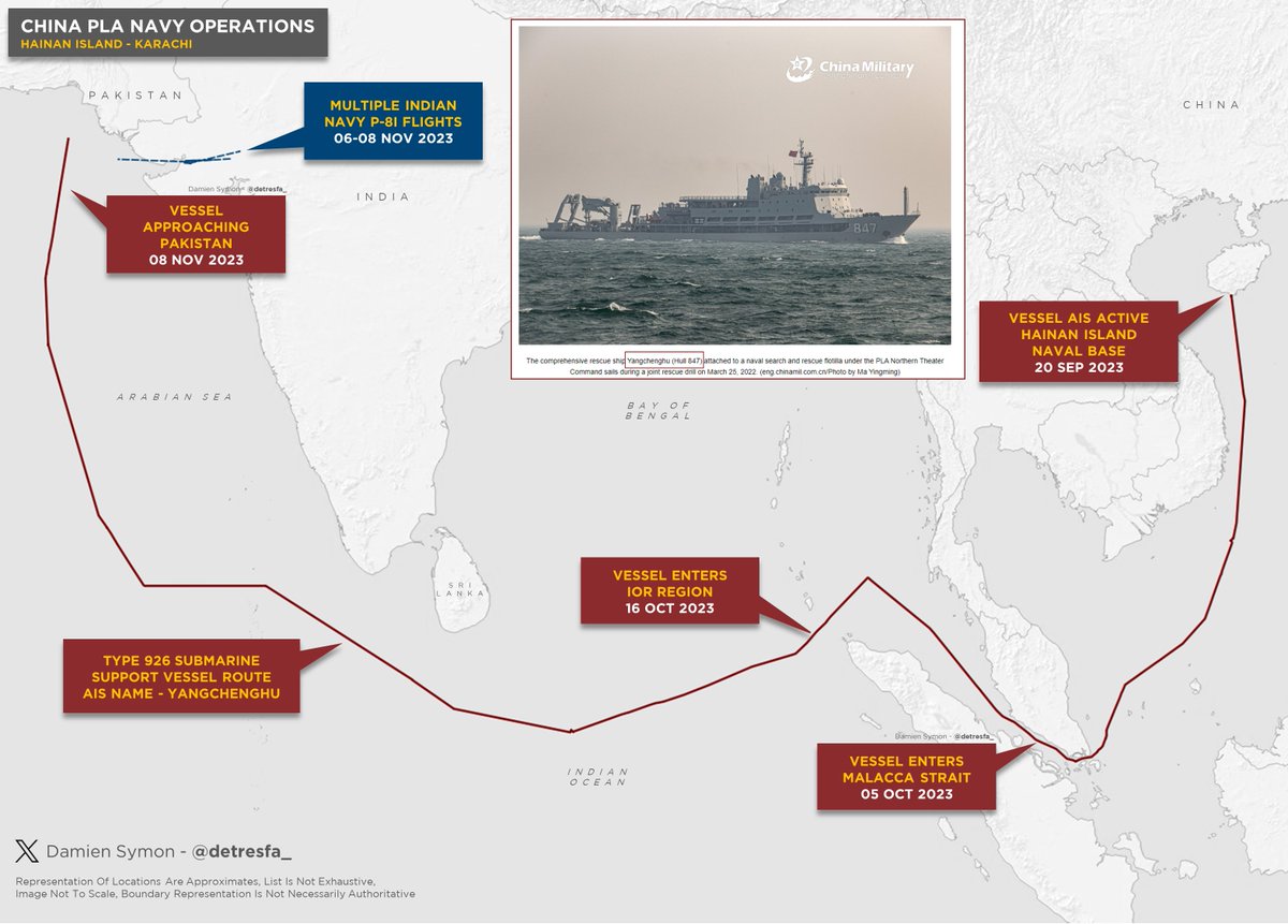 Vessel YANGCHENGHU a suspected PLA NAVY TYPE 926 Submarine Support Vessel, is currently approaching Karachi, it was tracked from China's Hainan Naval base & is likely en-route to Pakistan for the upcoming China-Pakistan Joint Naval Drills