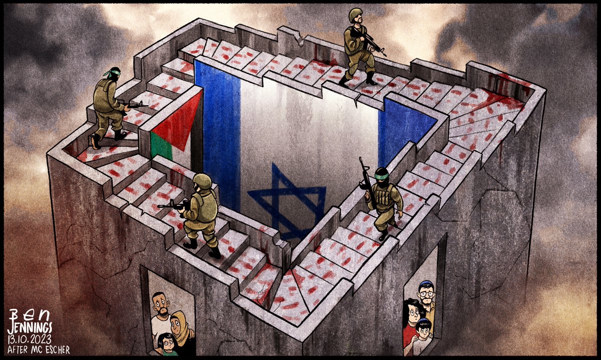 'Escherianas' visiones de #IsraelPalestineConflict por 
@rodemmerson🇳🇿, @OliverSchopf🇦🇹 y @BJennings90 🇬🇧

➕#humor & #arte reciente #CartoonArt #cartoon #art #cartoons 
👉vetustideces.blogspot.com/2023/11/clipda… 

#Israel #Hamas #Palestine #Palestina
