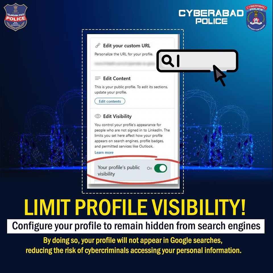 cyberabadpolice's tweet photo. One effective strategy to enhance your safety on social media and protect yourself from scammers is to restrict your profile's visibility.
#ProfileVisibility #FacebookPrivacy #VisibilitySettings #Cyberawareness #CyberabadPolice https://t.co/MAH8Yo5p6Y