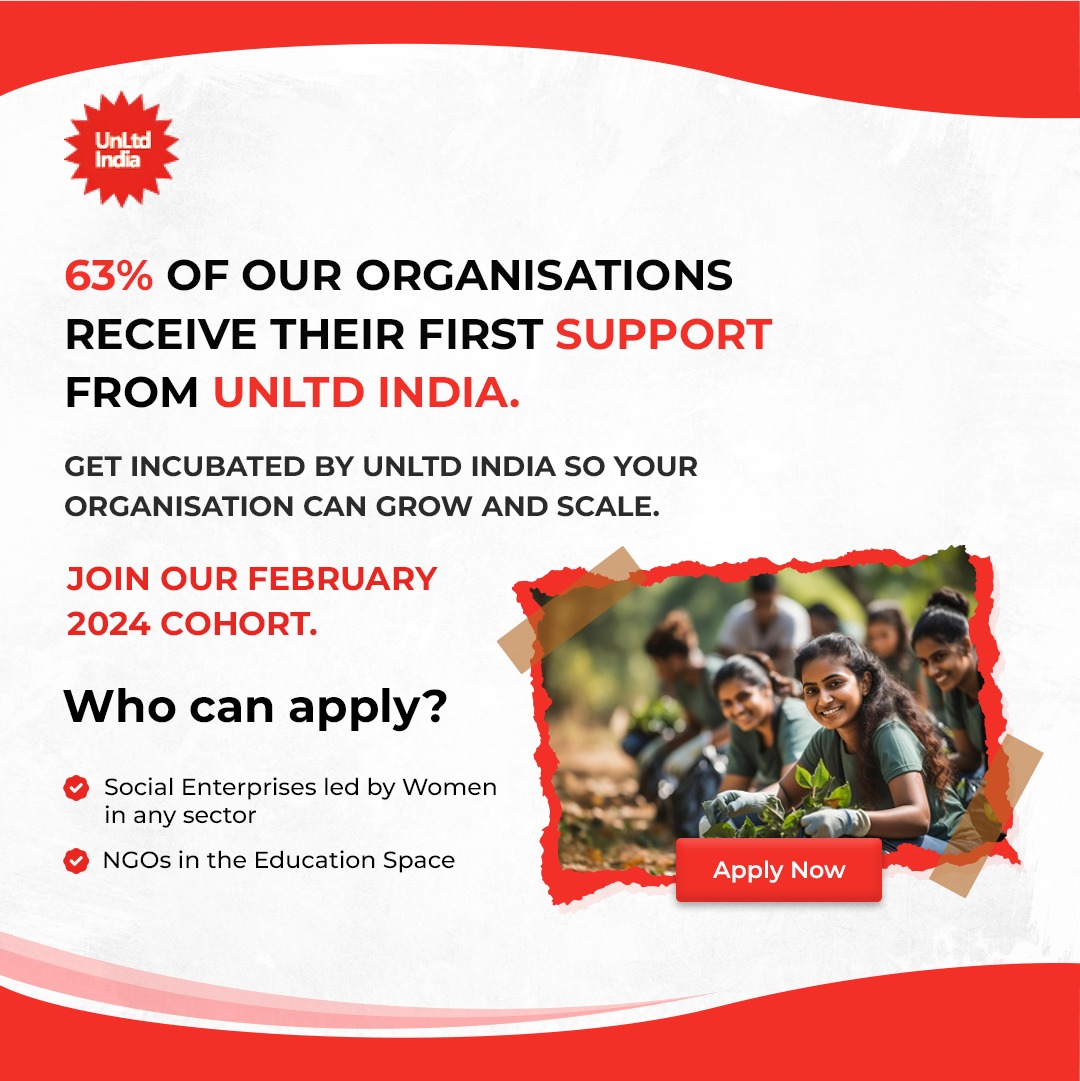 Ready to transform your social enterprise? Applications for our February 2024 cohort are now open! 63% of our organizations have received their first support from UnLtd India, and now it's your turn. 🌱✨ Visit: unltdindia.org/february-2024-…