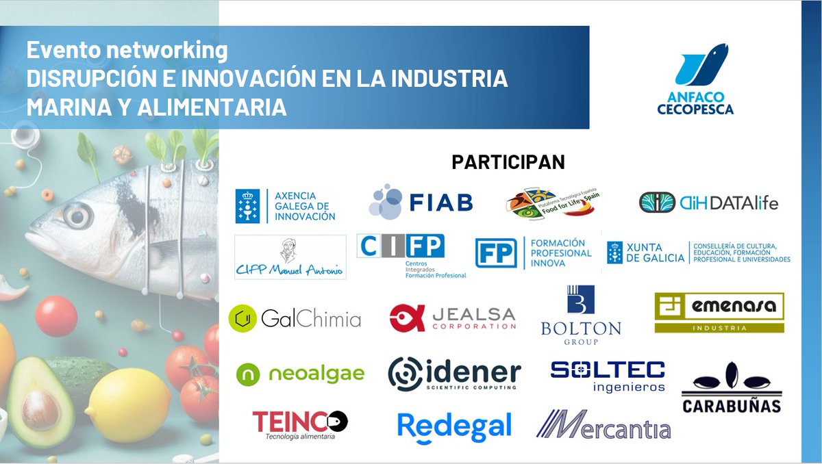 🚀✨ ¡Descubre algunas de las empresas y organismos participantes en nuestro evento 'Disrupción e Innovación en la Industria Marina y Alimentaria'! 📅 Fecha: Viernes, 24/11 🕒 Hora: De 09.30 a 15.00 h. 📍 Lugar: Presencial en ANFACO-CECOPESCA Más info👉anfaco.es/evento/evento-…