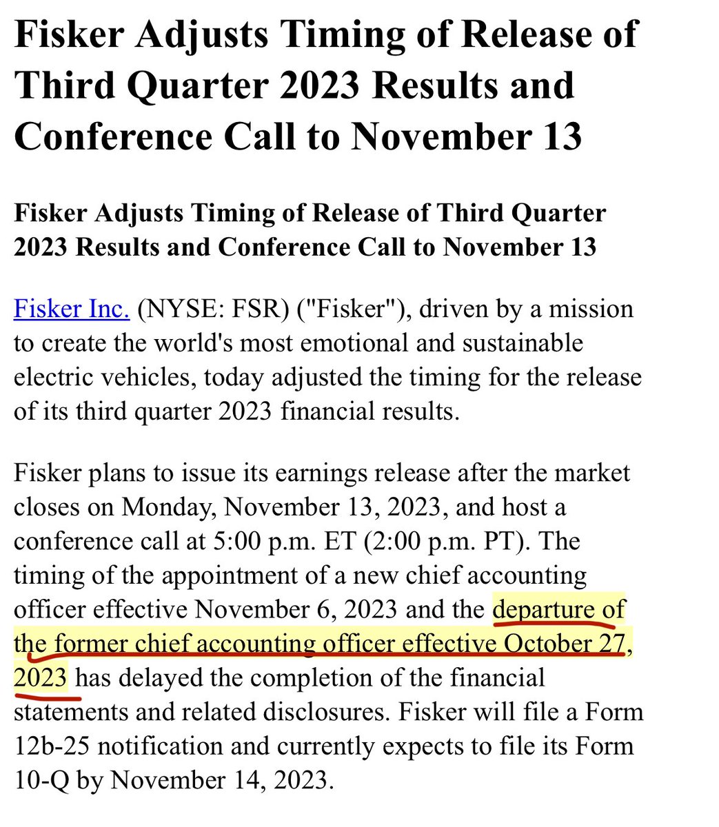 $FSR just delayed  earnings that were set to be released right NOW because the Chief Accounting Officer “departed” on Oct 27th

The CTO also resigned on Oct 30th

Seems like the whole c-suite that isn’t married to the CEO jumped ship before earnings
