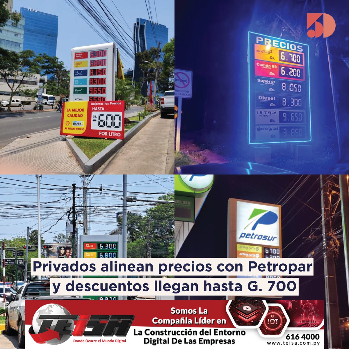 5DiasPy's tweet photo. 𝗖𝗼𝗺𝗯𝘂𝘀𝘁𝗶𝗯𝗹𝗲 💲 
Recientemente, se ha observado una disminución en los precios de los combustibles en las estaciones de servicio privadas, algunas de las cuales han establecido precios incluso inferiores a los de la empresa estatal Petropar. https://t.co/fuNCZX6bdQ