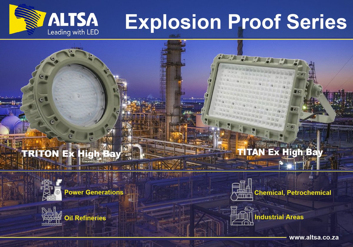 altsaled's tweet image. The Triton and Titan LED Highbay and Floodlight designed to redefine safety and efficiency in multiple hazardous environments Gasses, Mists, Vapors, Dust. (Ex groups  IIB to IIC, IIIC).

#SafetyFirst #LEDLighting #ExplosionProofLED  #EnergyEfficiency 
 
altsa.co.za