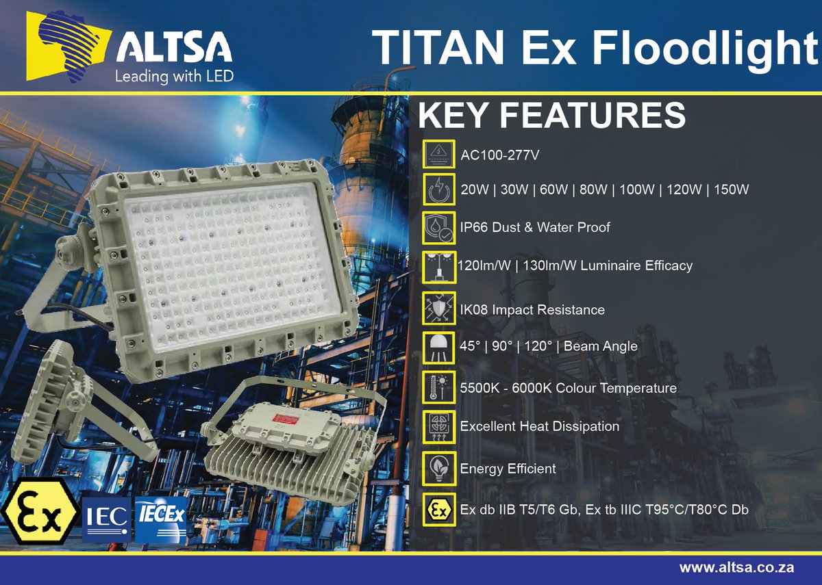 altsaled's tweet image. The Triton and Titan LED Highbay and Floodlight designed to redefine safety and efficiency in multiple hazardous environments Gasses, Mists, Vapors, Dust. (Ex groups  IIB to IIC, IIIC).

#SafetyFirst #LEDLighting #ExplosionProofLED  #EnergyEfficiency 
 
altsa.co.za