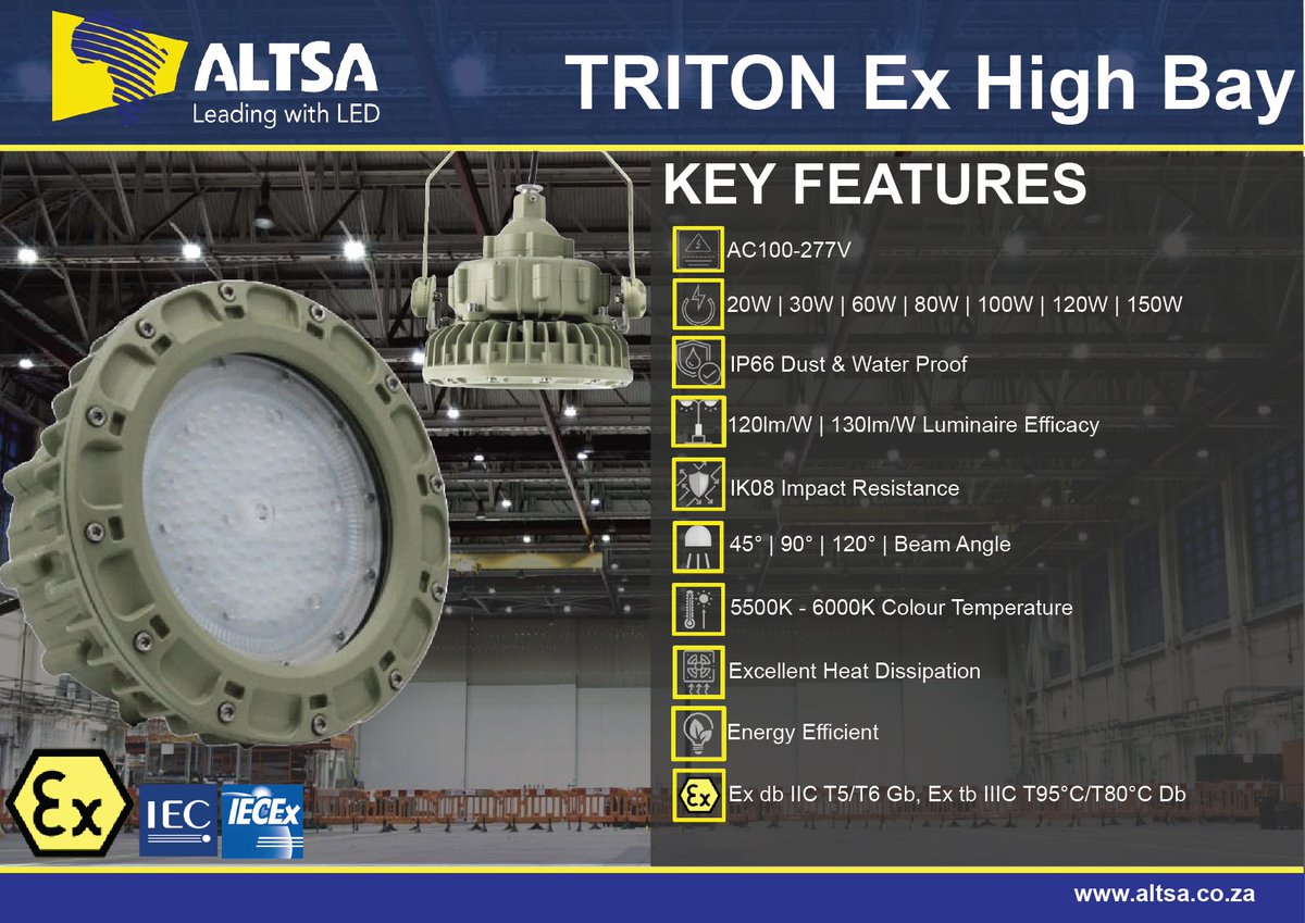 altsaled's tweet image. The Triton and Titan LED Highbay and Floodlight designed to redefine safety and efficiency in multiple hazardous environments Gasses, Mists, Vapors, Dust. (Ex groups  IIB to IIC, IIIC).

#SafetyFirst #LEDLighting #ExplosionProofLED  #EnergyEfficiency 
 
altsa.co.za