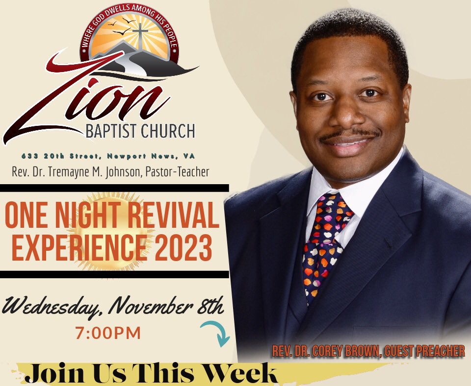 Join us Tonight for REVIVAL!!!!!!! It Is Going To Be A Great Time In the Lord! We Can't Wait To Welcome You! It all begins at 7:00pm. Pastor Corey Brown and the Providence Baptist Church, Newport News, will be Our Amazing Guest.