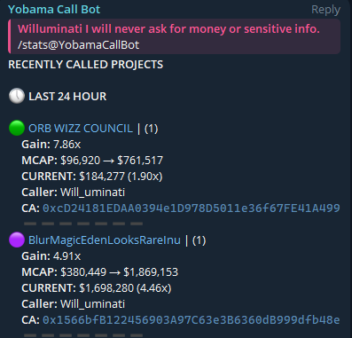Will_uminati's tweet photo. This is going to be so much fun when other people start making "calls" and it gets competitive.

These are not financial advice calls. They aren't meme token advice calls. They aren't advice. 

I am redacted. I can't speak for others though.

"Calls" are just a game where you try to get the highest score.

I like the meme and / or the people in these memes. 

👇

@ORBWIZZCOUNCIL @OpenSeaInu @Yobama_eth