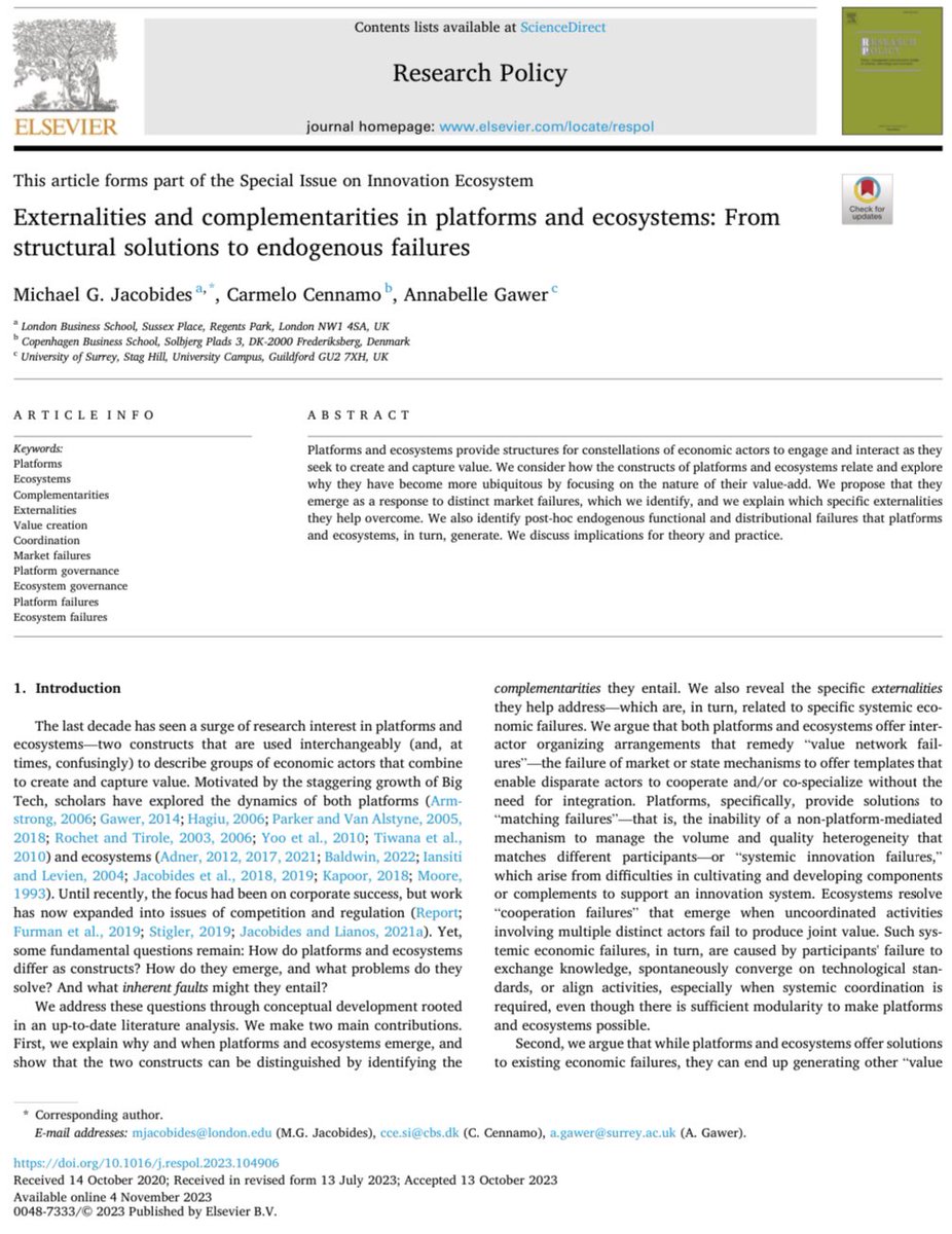 Beyond the enthusiasm with #platforms #ecosystems as superior organizing model, what are they really superior for as inter-organizational structures & why? What new issues & market failures do they bring along? We explain w/ @jacobides @AnnabelleGawer in new article 🧵