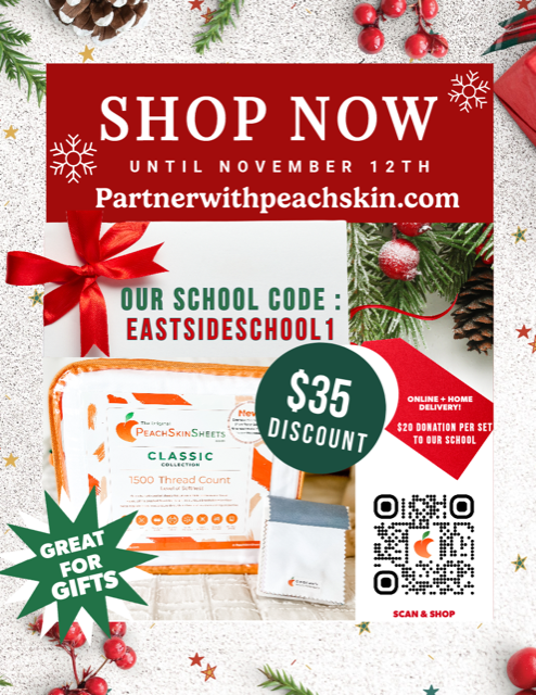 East Side Elementary is partnering with PeachSkinSheets this week to give our families a great nights' sleep on their award winning 1500 Thread Count Sheets. 

$35 OFF all sizes, all 32 colors!
NOW until November 12 , 2023
partnerwithpeachskin.com
code: EASTSIDESCHOOL1
