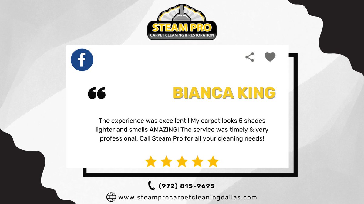 SteamProDallas's tweet image. Dear Bianca King,

We're 🙏 thankful for amazing customers ☺️like you.
Thanks for your trust.

#review #feedback #clientreview #customerfeedback #customerexperience #customerreview #thankyou #thanks #steamprocarpetcleaningdallas