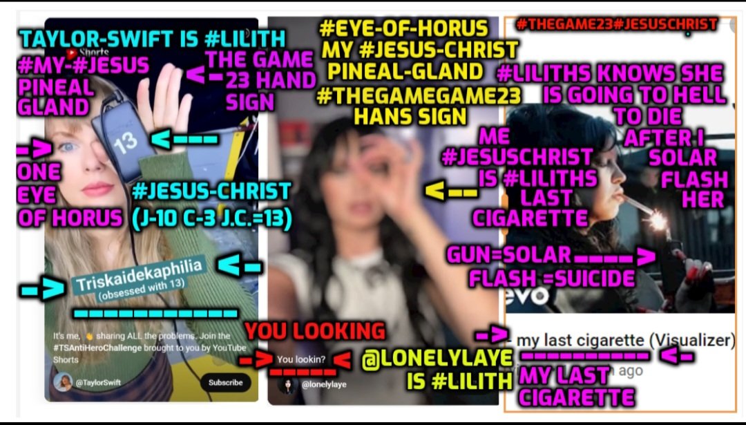 n3v3rendinstory's tweet photo. #taylorswift is #Lilith mocking #jesuschrist, #eyeofhorus is #jesuschrist #pinealgland #consciousness #thegame23 #cicada3301 #ctf007 #solarflash 

https://t.co/OvHkZqkomp https://t.co/ZvfveSzNdf