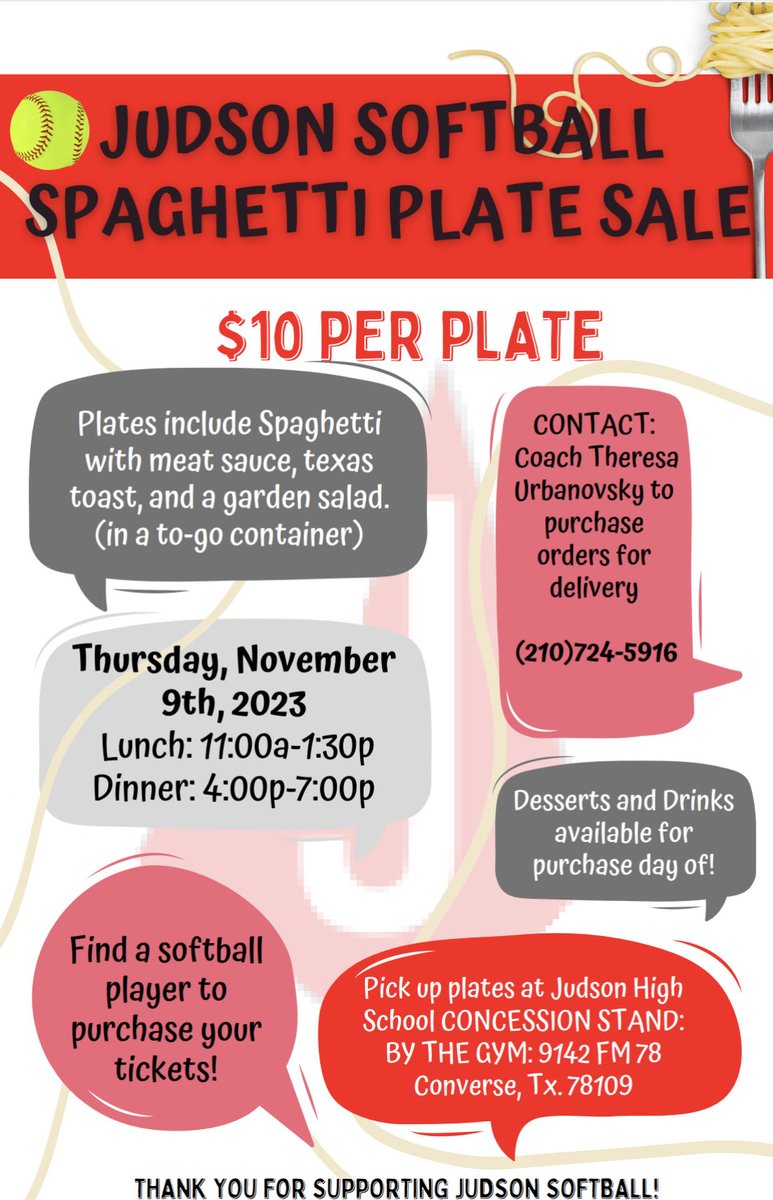Judson 🥎 13th annual spaghetti fundraiser, THURSDAY <a href="/Judson/">Kellin quinn</a> HS gym concession stands. ⁦<a href="/JISD_ATHLETICS/">Judson ISD Athletics</a>⁩ ⁦@JudsonAthletics⁩ ⁦<a href="/JudsonISD/">Judson ISD 🍎</a>⁩ ⁦@JudsonAthletics⁩ ⁦<a href="/judson_jaguar/">JudsonJaguarAthletics</a>⁩ ⁦<a href="/WHMSwildcats/">Woodlake Hills Middle School</a>⁩ ⁦<a href="/thefuelonline/">The Fuel</a>⁩ ⁦<a href="/JudsonFootball/">Judson Football</a>⁩ ❤️🥎🍝🚀