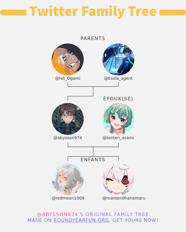 👨‍👩‍👧‍👦 Ma Famille Twitter:
👫 Parents: @tet_Ogami <a href="/Esola_agent/">志熊エソラ@神聖機構放送</a>
👰 Époux(se): <a href="/tenten_asami/">朝海てん🌅✨</a>
👶 Enfants: <a href="/redmoon1009/">ᶠᵒˣ♔Tukky🦊🍶☽</a> <a href="/manten0hanamaru/">💯満点花丸💮</a>

➡️ funxgames.me/twitterfamily?…