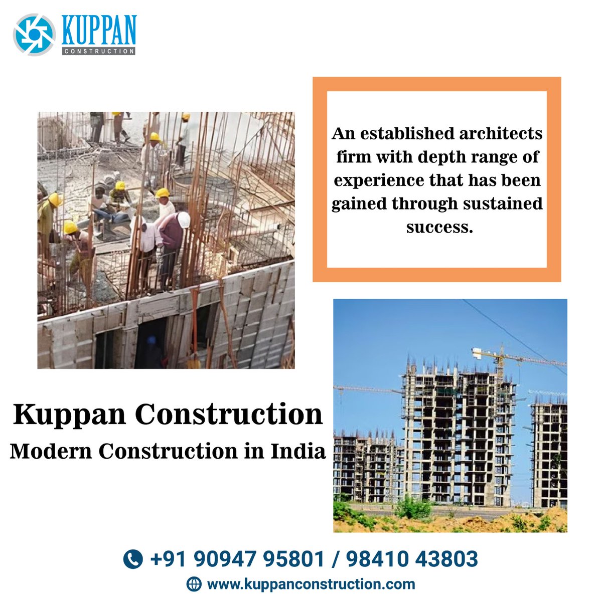 An established architects firm with depth range of experience that has been gained through sustained success.

Kuppan Construction Modern Construction in India.

Call Us : +91-98410 43803 / +91-90947 95801
Visit Our Websiteite : kuppanconstruction.com
#kuppanconstruction