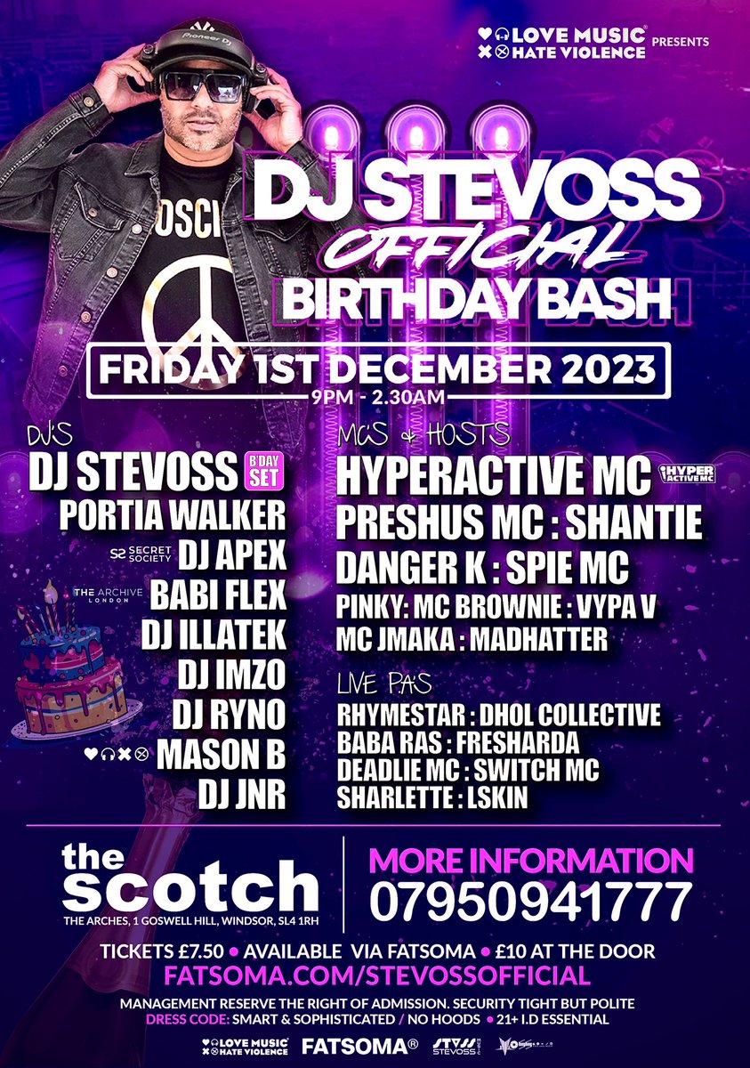 Sooo looking forward to this! Mr VOSS #BirthdayBash 🎂🍾 Oohhhh my lord movie 🎬📽 pending......... <a href="/stevossofficial/">S T E V O S S</a> 
 X #LoveMusicHateViolence <a href="/lmhvofficial/">LOVE MUSIC HATE VIOLENCE</a> 01/12/2023 #TheScotch #Windsor