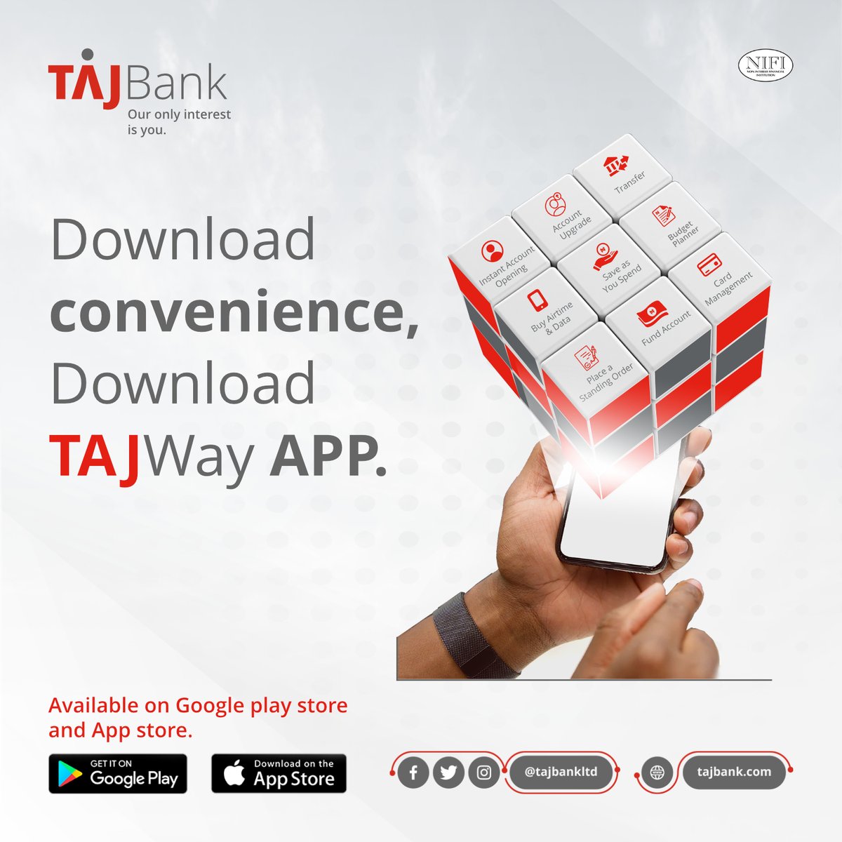 TAJBankLtd's tweet photo. Embrace the future of convenience in the palm of your hand.

Download the TAJWay app and take the first step towards a smarter, more effortless way of managing your daily tasks.

It's all about simplifying your life, one app at a time! 
 
#Ouronlyinterestisyou https://t.co/zNWoZNhCAZ
