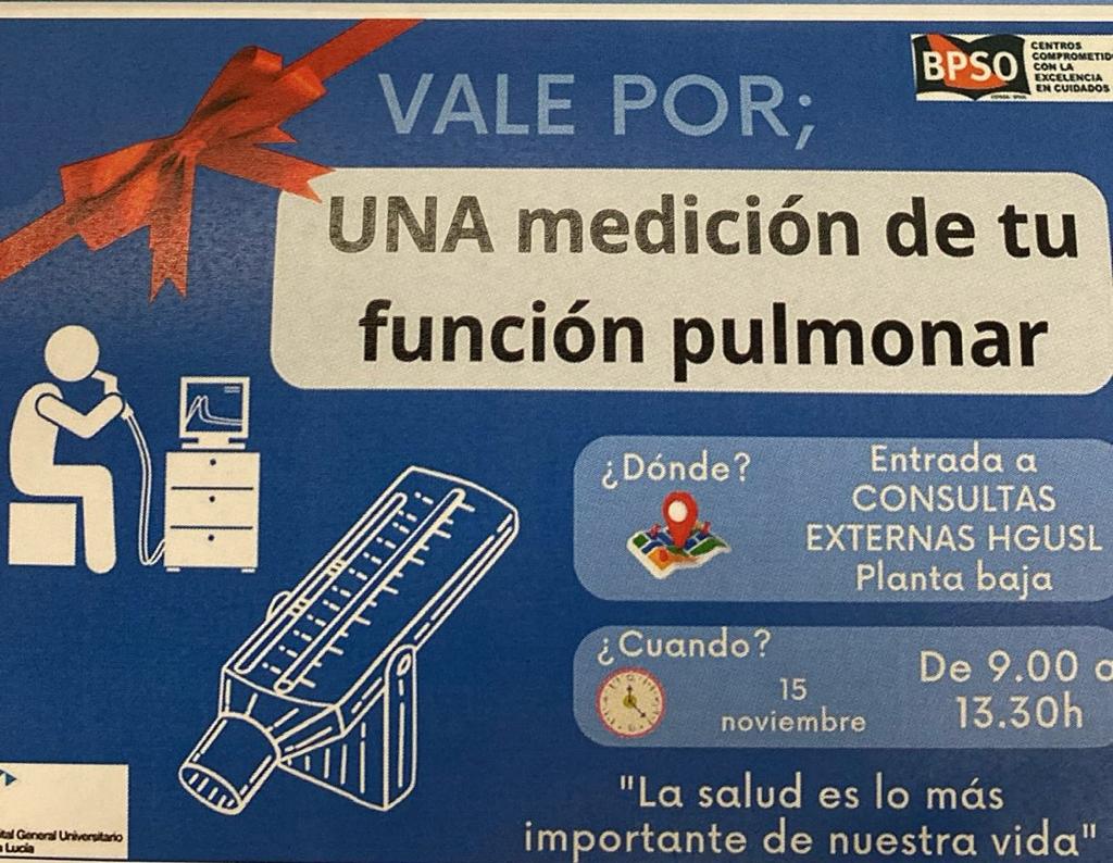 @Area2Cartagena (@area2cartagena) on Twitter photo El día 15 de noviembre conmemoramos el #diamundialdeladisnea #epoc.
En el Hospital Santa Lucía, te invitamos a hacerte una medición de tu función pulmonar.
➡️ Consultas Externas. Hospital Santa Lucía. 15 de noviembre. De 09.00 a 13.30 horas.
<a href="/Murciasalud/">Murciasalud</a>
<a href="/AytoCTcomunica/">AytoCTComunica</a> El día 15 de noviembre conmemoramos el #diamundialdeladisnea #epoc.
En el Hospital Santa Lucía, te invitamos a hacerte una medición de tu función pulmonar.
➡️ Consultas Externas. Hospital Santa Lucía. 15 de noviembre. De 09.00 a 13.30 horas.
<a href="/Murciasalud/">Murciasalud</a>
<a href="/AytoCTcomunica/">AytoCTComunica</a>
