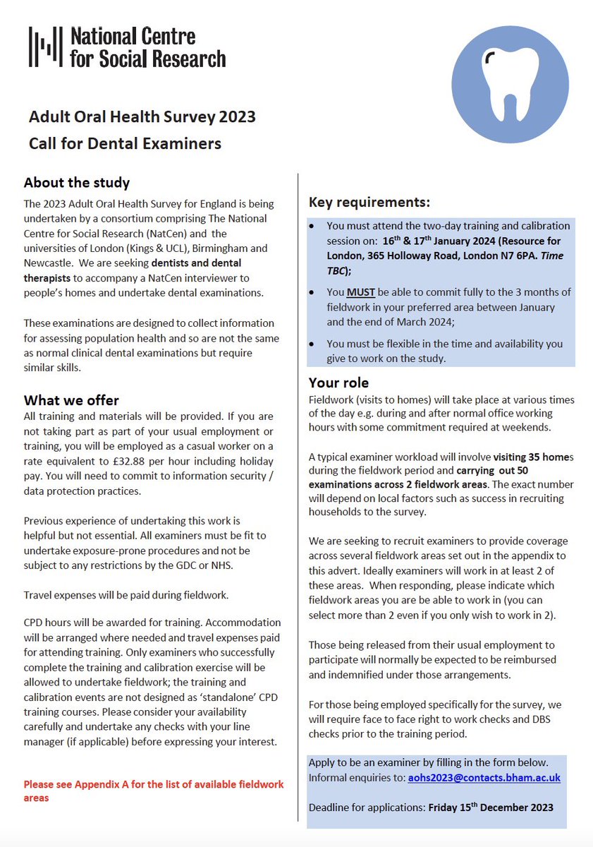 The Adult Oral Health Survey is conducted every 10 years & is hugely important for telling us about the state of the nation’s teeth (+ much more). Dentists/dental therapists are needed to undertake clinical exams for the 2023 survey Jan-March 2024. Paid! Please RT #dentistry