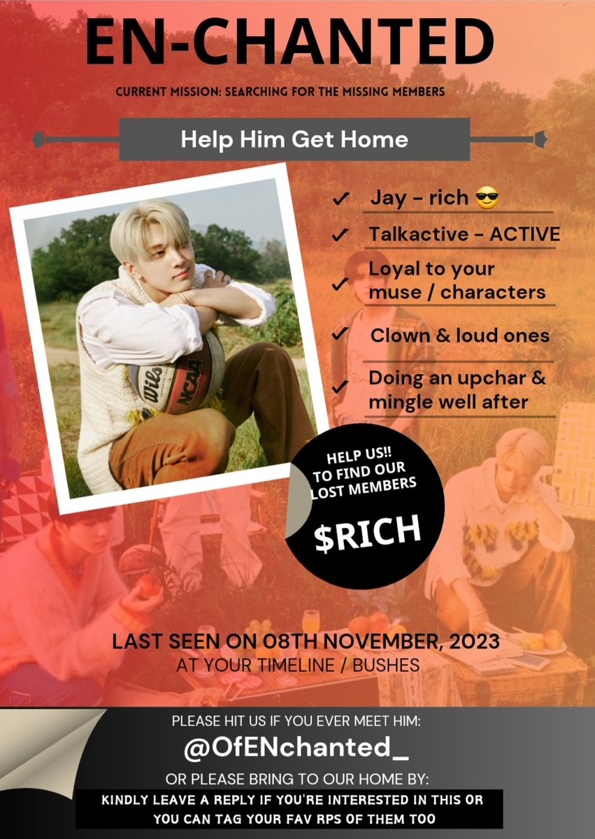 𝗘𝗡𝗖𝗛𝗔𝗡𝗧𝗘𝗗 is looking for our lost member, Park Jongseong. 

We would greatly appreciate your support through retweets. Your assistance means a lot to us! If you have any questions, please leave a comment or DM us. 

For more information, please refer to the poster.