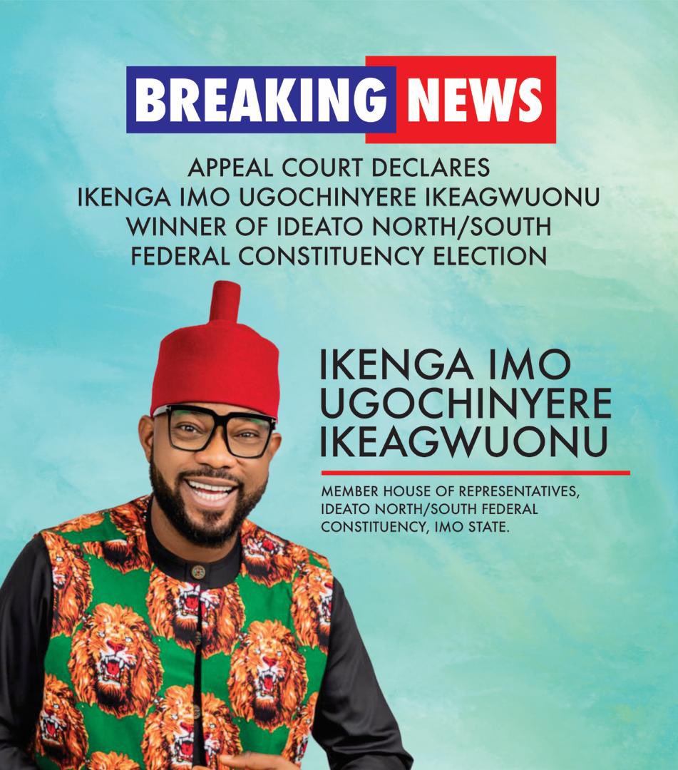 IkengaImo's tweet photo. BREAKING NEWS 
IKENGA WINS

APPEAL COURT QUASHES DISQUALIFICATION OF IKENGA IMO UGOCHINYERE AS IDEATO REPS, UNANIMOUSLY AFFIRMS HIS ELECTION AS MEMBER OF HOUSE OF REPS 

APPEAL COURT DECLARES IKENGA UGOCHINYERE INDISPUTABLE WINNER OF IDEATO HOUSE OF REPS SEAT, QUASHES HIS DISQUALIFICATION, DESCRIBES APC /LP MOVE TO COME FROM 3RD POSITION TO STEAL HIS POPULAR MANDATE AS BASELESS