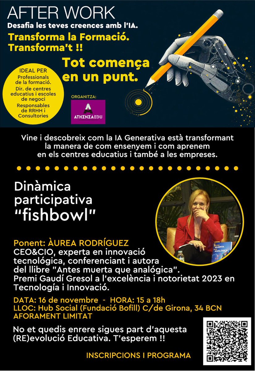 🚀Desafia les teves creences amb la #IA Transforma la formació

Participa al #fishbowl d’<a href="/AureaRodriguezL/">Àurea Rodríguez ↗️</a> i comparteix les teves inquietuts, debatint i complementant les teves idees 💡

👉🏼 Registre: lc.cx/NH5EMQ
🗓️ 16/11 ⏰ 15-18h 
📍 Hub Social <a href="/FundacioBofill/">Fundació Bofill</a> (BCN)