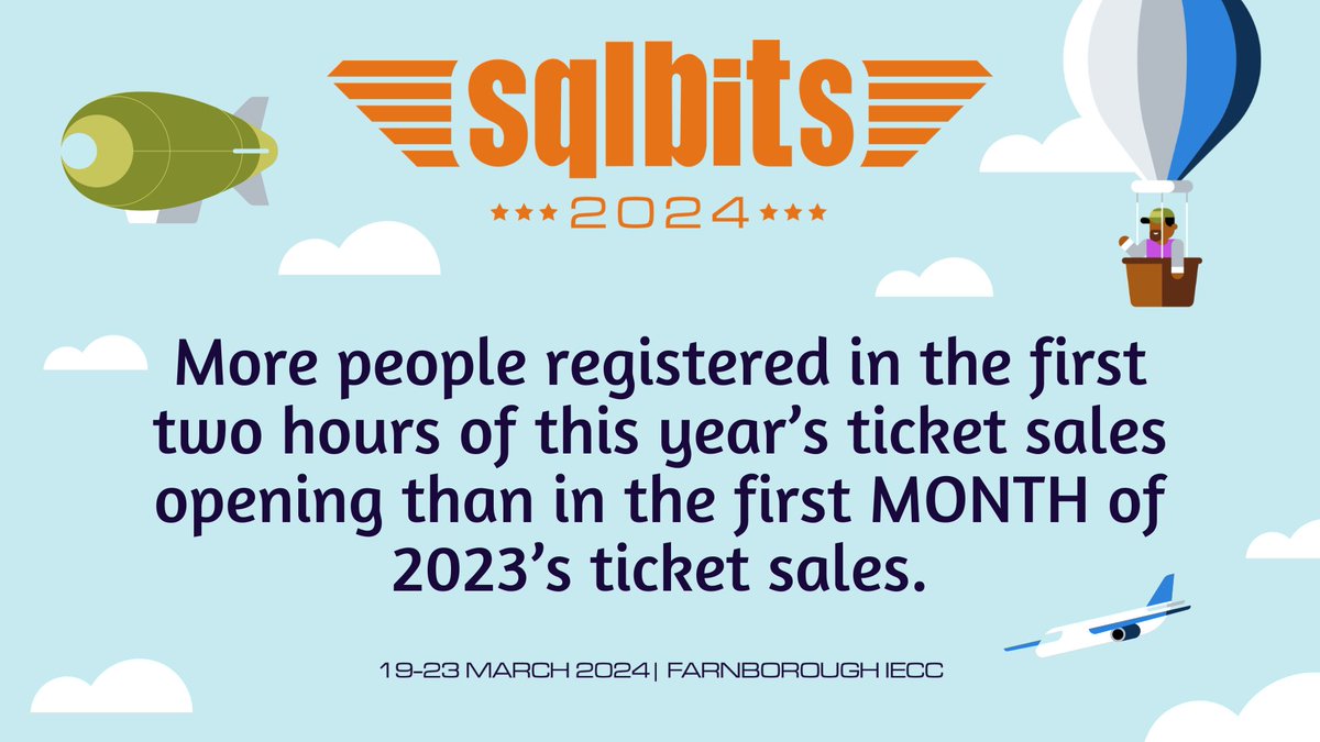 SQLBits's tweet image. What makes us confident that #SQLBits2024 is going to be the most popular one yet?👀
Well, the numbers speak for themselves!
In the first two hours after ticket sales opened this year, we had more registrations than in the entire first MONTH of ticket sales for #SQLBits2023!🎟️