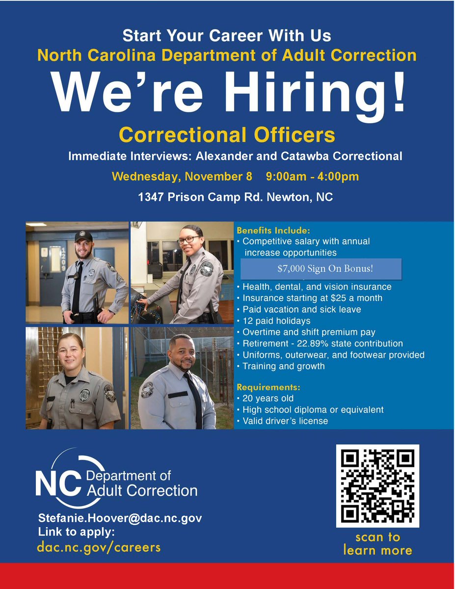 NC Dept of Adult Correction is having a hiring event TODAY, November 8th from 9am to 4pm. See the event flyer for more details. #NCWorks #westernpiedmontworks
